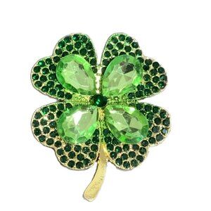 Lucky Shamrock 4-Leaf Clover Brooch – Green Rhinestones, Gold-Tone Pin